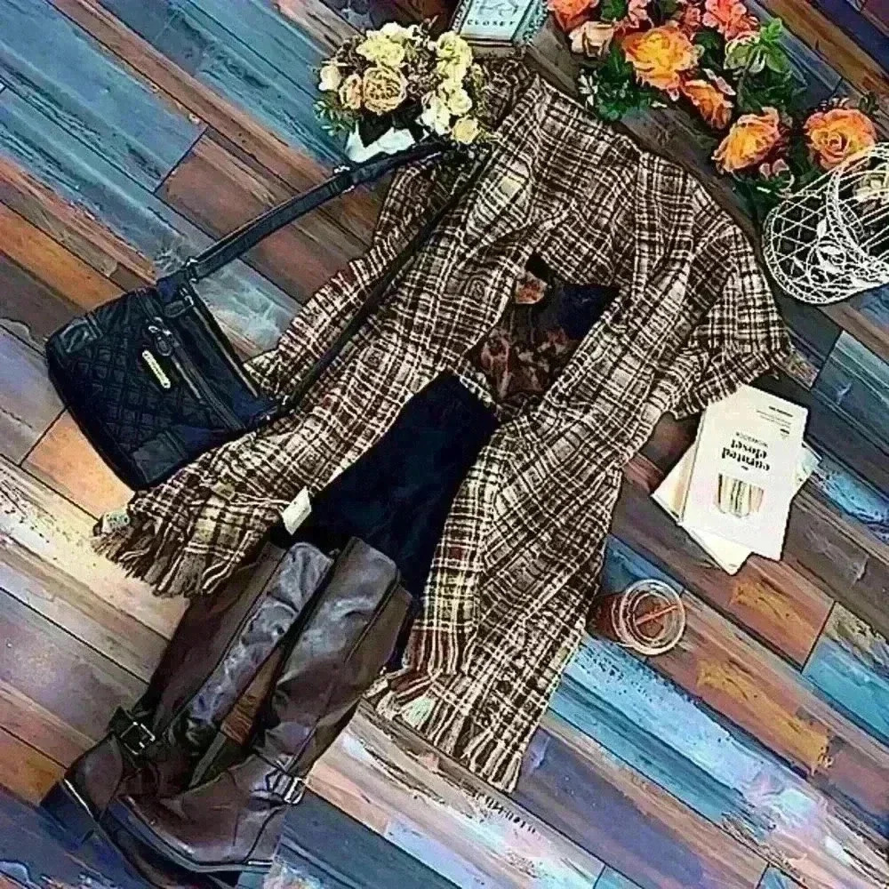 Styline Fall Plaid Knit Open Front Poncho Tartan fringe shawl/wrap (Poncho Only)